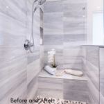 Bathroom Remodel Shower Large Format Files In Gray Blue And White Chrome Shower Head Niche Wall Bench