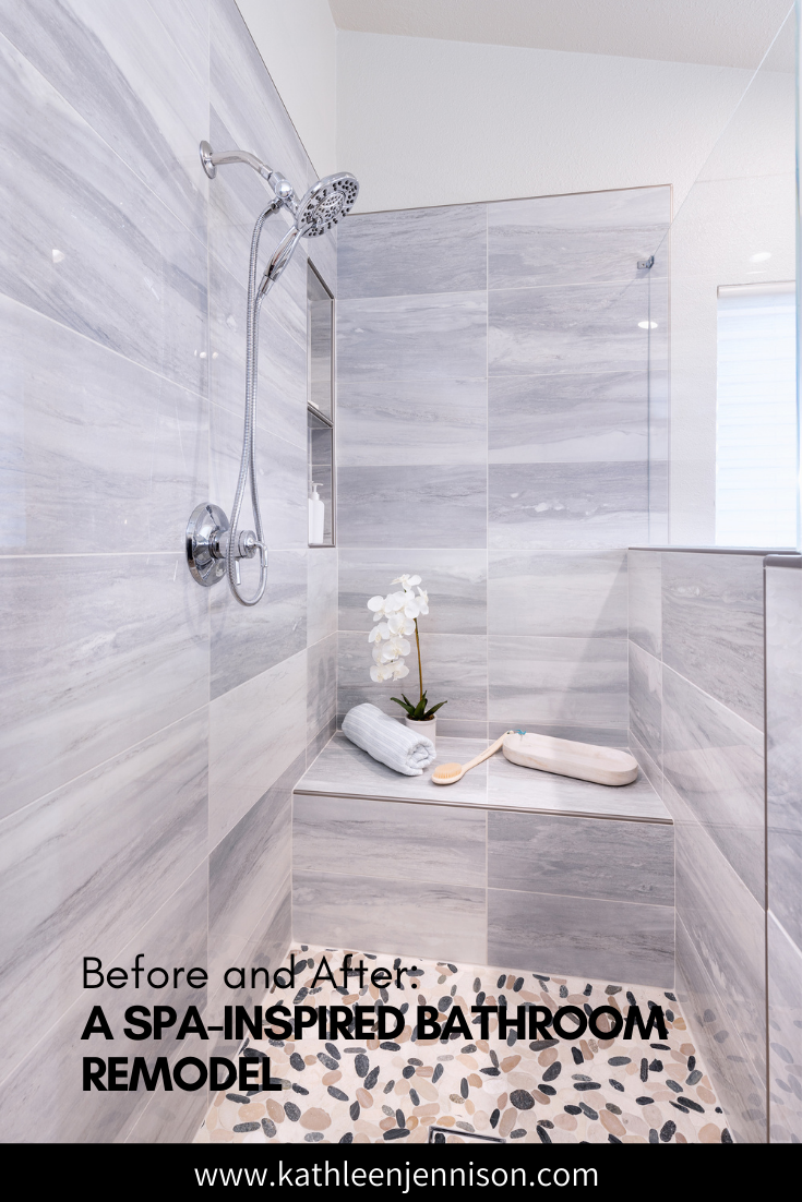 Bathroom remodel shower large format files in gray blue and white chrome shower head niche wall bench