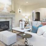 Tuscan Style Fireplace Striped Area Rug White Sofa