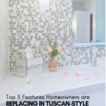 Modern Bathroom White Glossy Cabinets And Glass Backsplash Tile