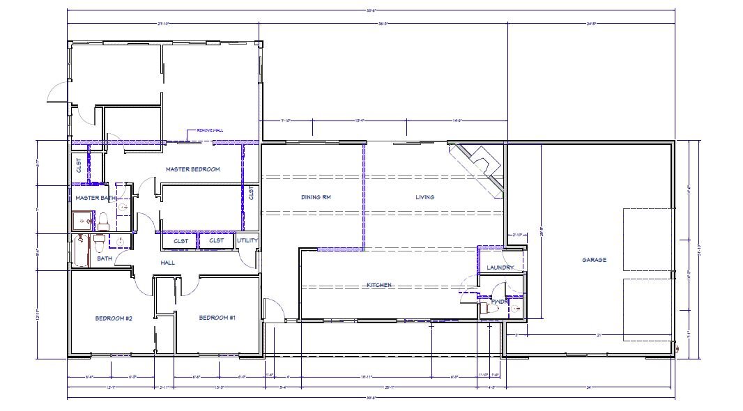 As-Built Floor Plan. The blue lines represents walls that will be removed.