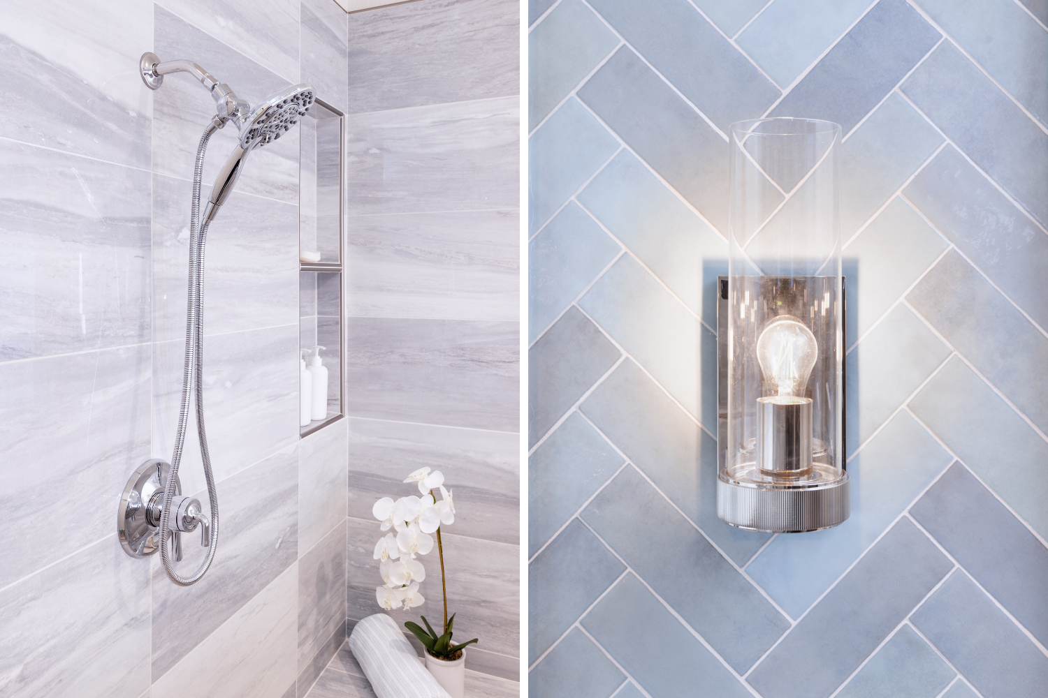 shower tile with chrome shower head and herringbone blue Zillege tile with a light sconce