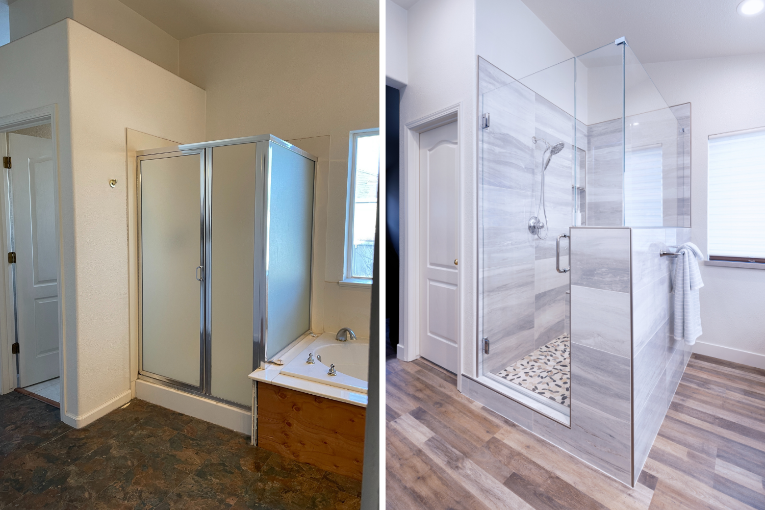 before image of old outdated bathroom shower and large soaking tub and image of new bathroom with spaces luxurious shower and glass shower wall