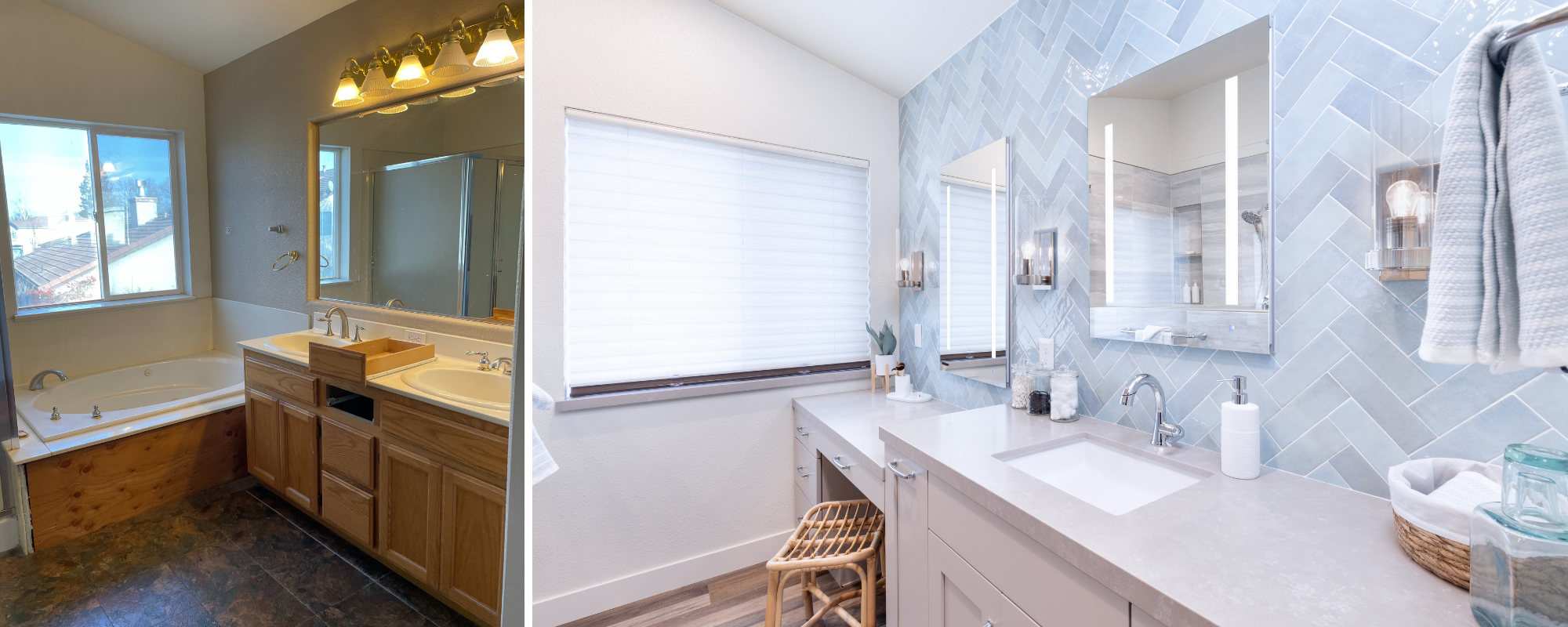 new bathroom vanity with lighted mirrors herringbone tile quartz countertops