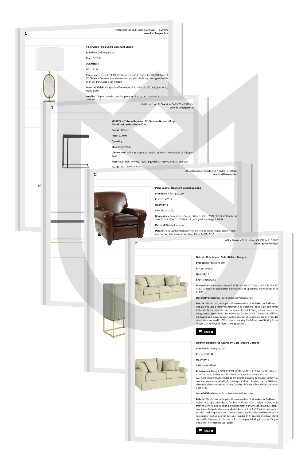 THE SHOPPING LIST: This is a few sheets out of the shopping list for this client. You will notice each item is displayed with all the information, size material, care and a clickable link so you can purchase the item