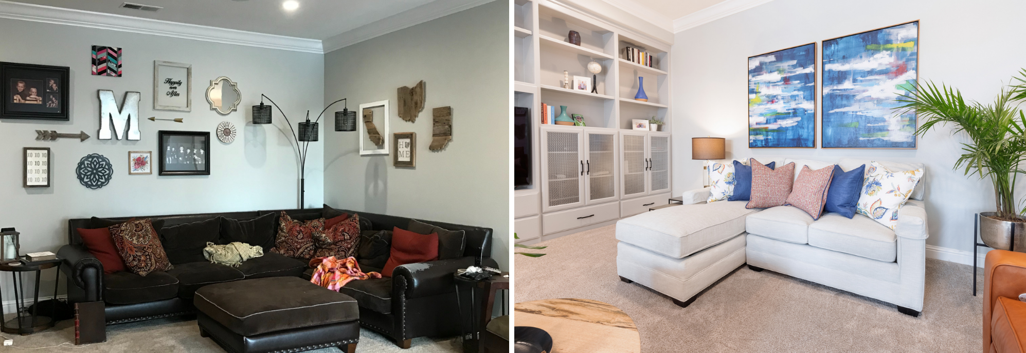 before and after of living room from dark to light airy and fun
