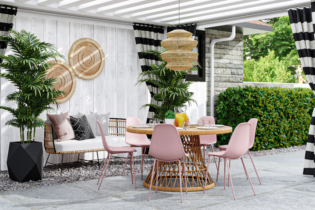 Contemporary Dining Area And Additional Sofa Seating With Outdoor Curtains Light Fixture Plants Under Pergola How To Design An Amazing Outdoor Space