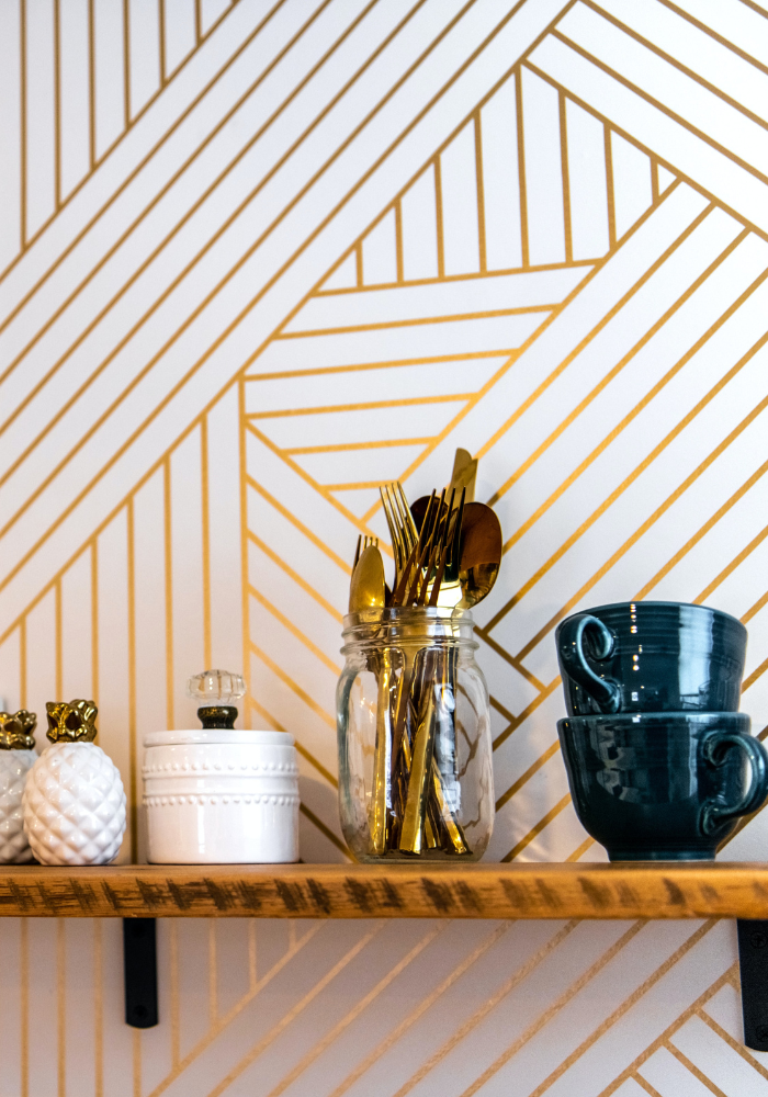Gold And White Geometric Striped Wallpaper In Kitchen Shelves Ktj Design Co Blog 5 Tips Using Wallpaper Add Personality 2