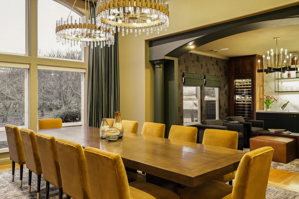 Dining+room+round+chandelier+green+drapery+ktj Design Co+linden+california+06