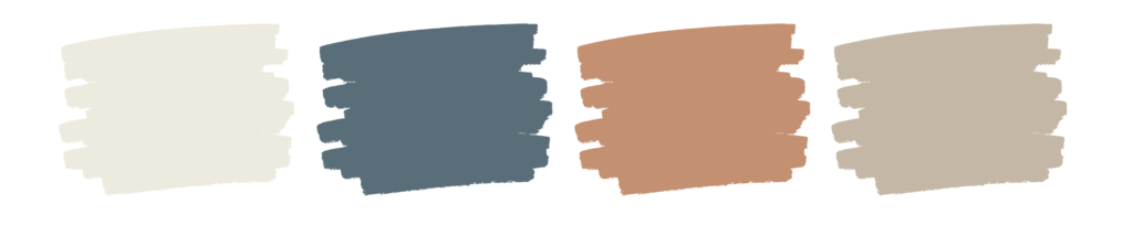 Color palette featuring soft cream, slate blue, warm taupe, and terracotta—paint colors used in the Renewal Living Room