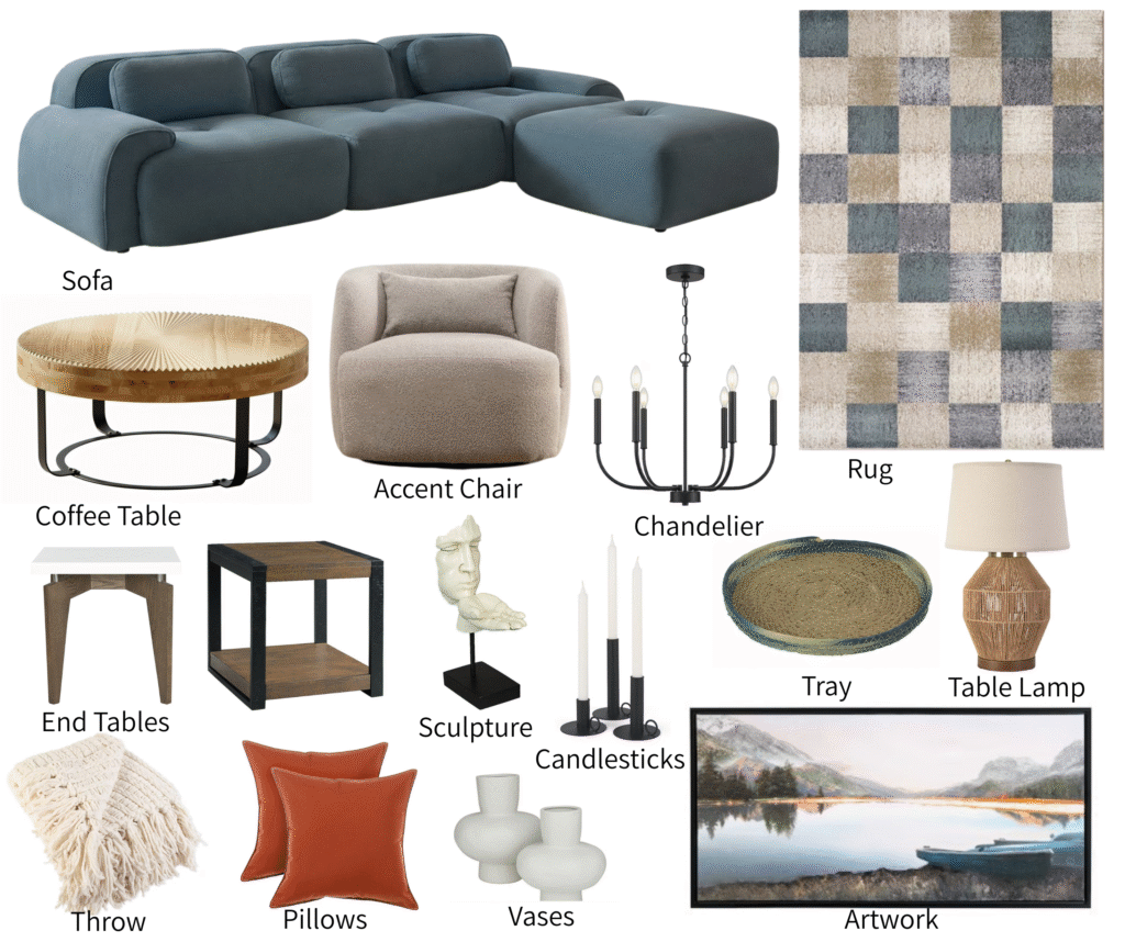 Mood board with sofa, patterned rug, accent chairs, lighting, tables, and accessories from the Renewal Living Room Collection