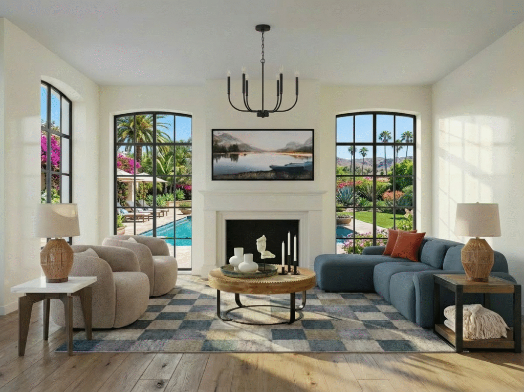 A calm slate blue and cream living room with a sectional, swivel chairs, and warm wood accents—part of the KTJ Renewal Living Room Collection