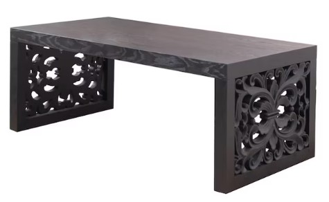 Coolbibila 47 Inch Rustic Rectangular Carved Black Wood Coffee Table