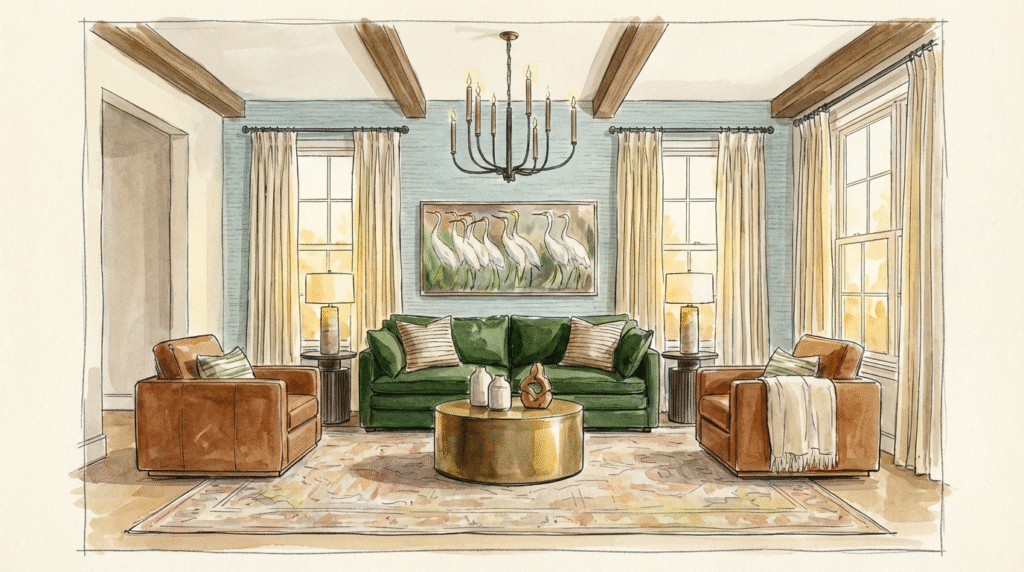 Heron Haven Nature Inspired Living Room Watercolor Rendering