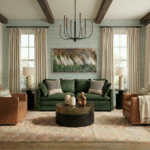 Heron Haven living room with green sofa, leather swivel chairs, black chandelier, and layered neutral textures