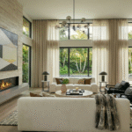 Modern Chic Living Room With Beige Velvet Sofa, Black Accent Chairs, And Faux Travertine Round Coffee Table Fireplace Glow