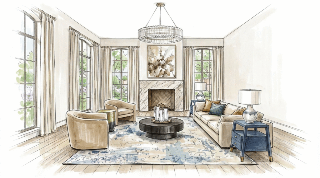 The Warm Sophisticate Living Room Watercolor Rendering