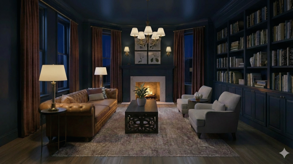 Warm Traditional Living Room Glowing Fireplace Tufted leather sofa to anchor the space
Two upholstered lounge chairs for balanced seating
Carved black coffee table to add pattern and weight
Black accent tables for flexible surface space
Distressed area rug to ground the layout
Brass chandelier for overhead warmth
Brass table lamps and sconces for layered lighting
Botanical prints and equestrian artwork for character
Decorative pillows and accessories to soften the look
