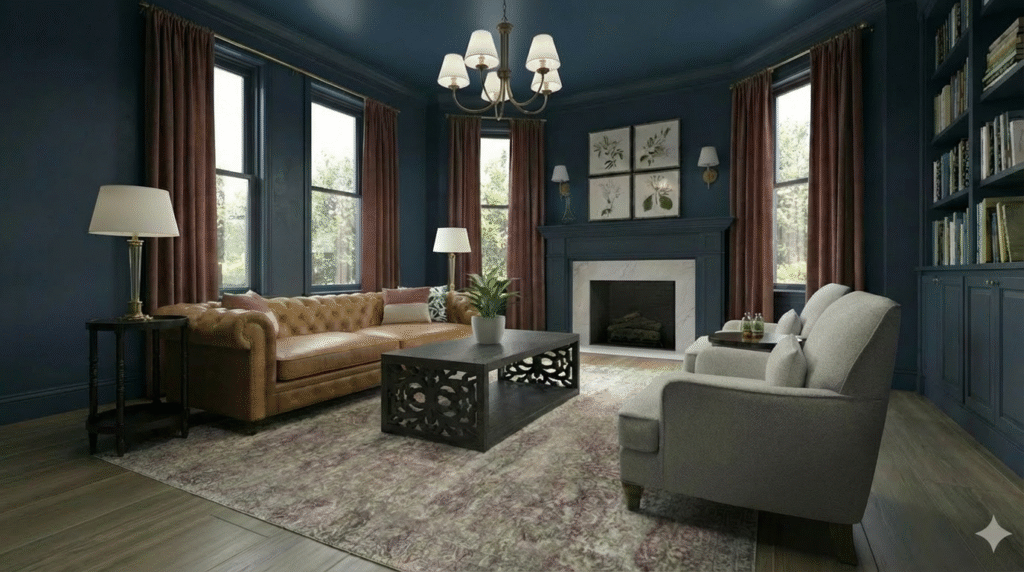 Tufted leather sofa to anchor the space
Two upholstered lounge chairs for balanced seating
Carved black coffee table to add pattern and weight
Black accent tables for flexible surface space
Distressed area rug to ground the layout
Brass chandelier for overhead warmth
Brass table lamps and sconces for layered lighting
Botanical prints and equestrian artwork for character
Decorative pillows and accessories to soften the look
