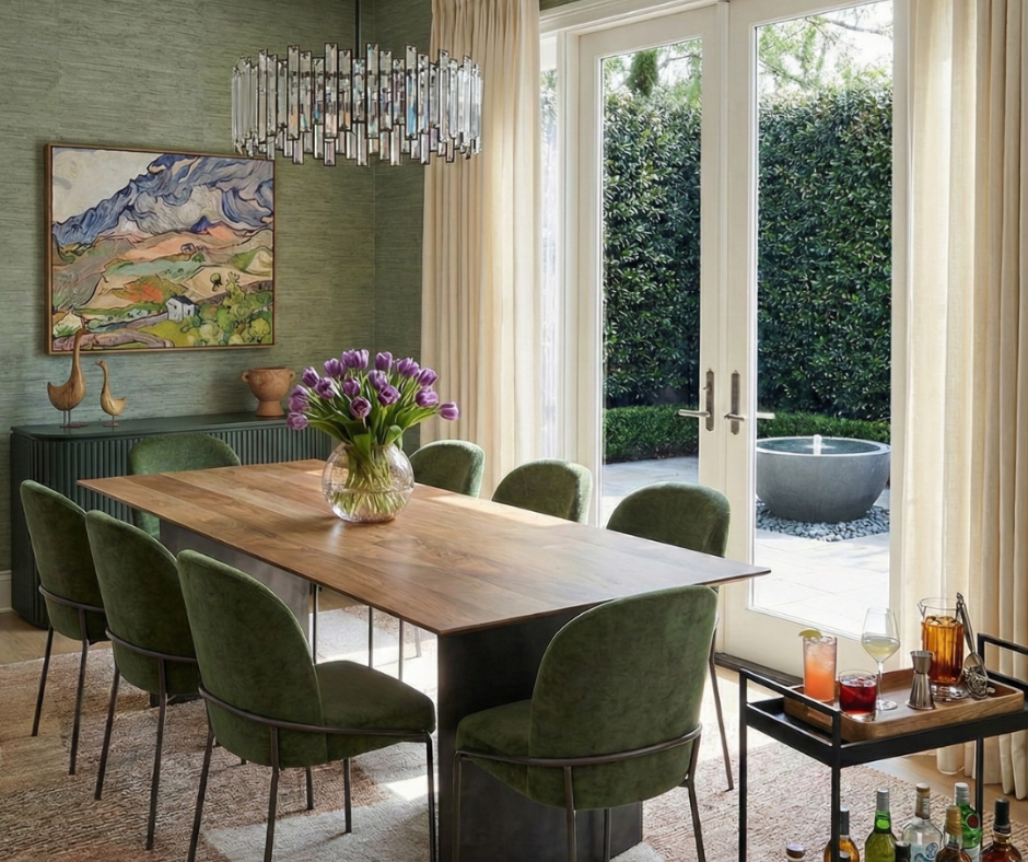 Fb Heron Haven Dining Room With Green Velvet Chairs, Warm Wood Table, And Crystal Chandelier