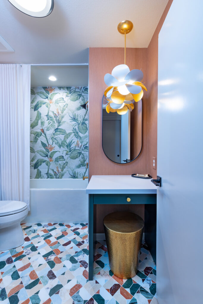 Ktj Design Co Award Winning Forest Inspired Bathroom Remodel With Green Vanity, Terracotta Walls, And Botanical Tile Mural Over Tub 95236 Ho9a0156 2