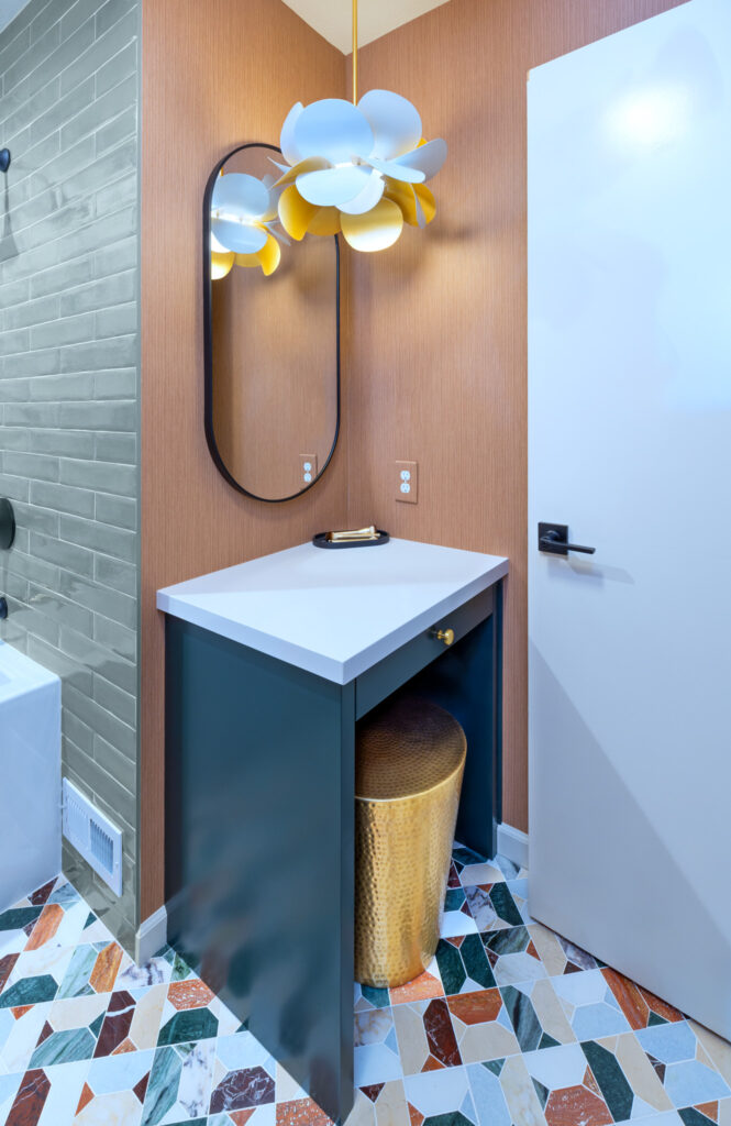Ktj Design Co Custom Makeup Vanity Nook In Forest Inspired Bathroom Remodel With Green Cabinetry Brass Stool Terracotta Wallpaper 95236 Ho9a0145 2
