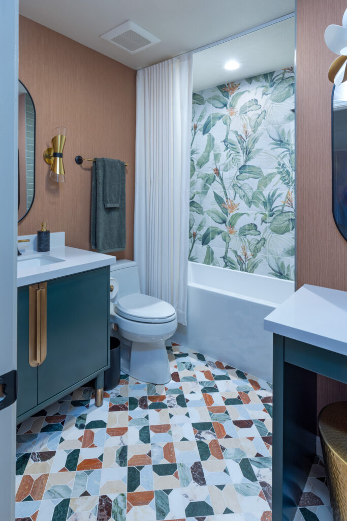 Ktj Design Co Full View Of Forest Inspired Guest Bathroom Remodel With Marble Mosaic Floor Green Vanity And Botanical Tile Mural 95236 Ho9a0197 2