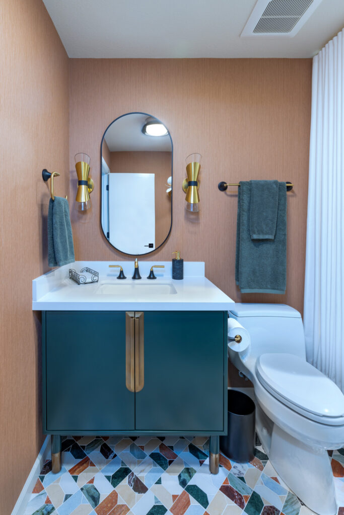 Ktj Design Co Guest Bathroom Remodel With Marble Mosaic Floor Terracotta Wallpaper Green Cabinetry And White Tub Shower 95236 Ho9a0163 2
