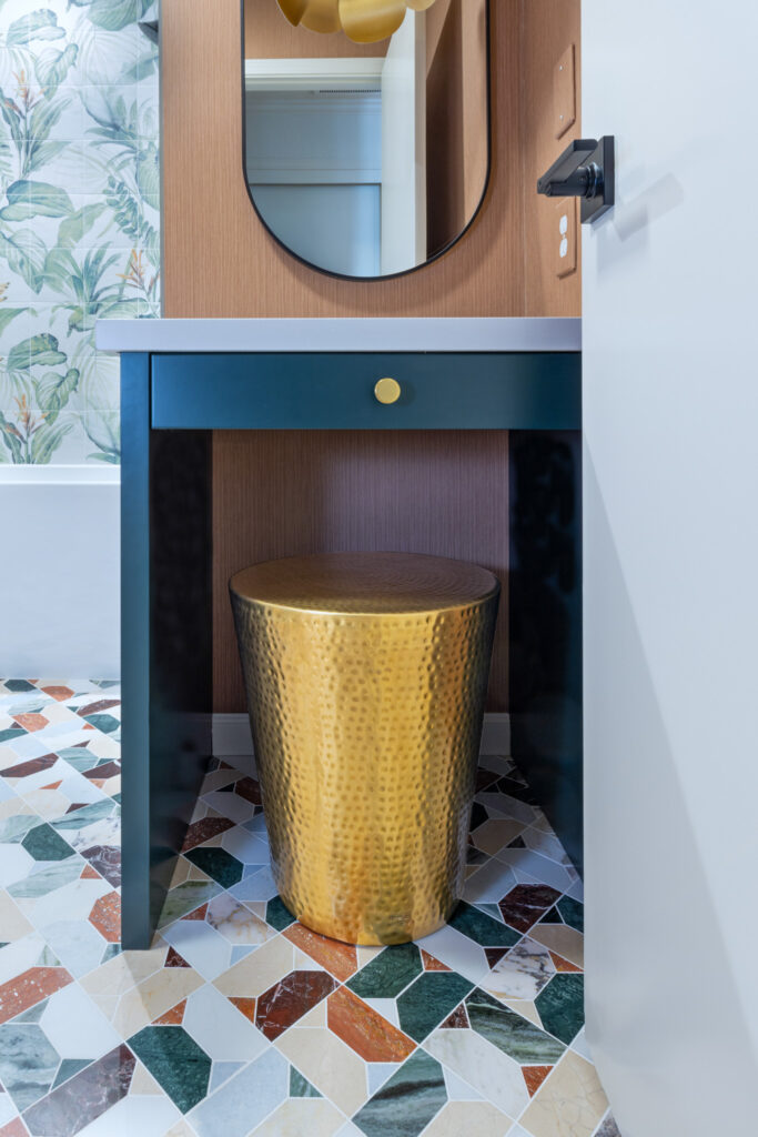 Ktj Design Co Makeup Vanity Area In Forest Inspired Bathroom Remodel With Green Cabinetry Brass Stool And White Countertop 95236 Ho9a0210 2