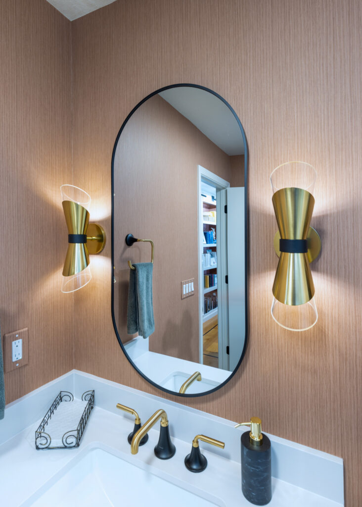 Ktj Design Co Terracotta Textured Wallpaper And Modern Brass Sconces In Forest Inspired Bathroom Remodel 95236 Ho9a0194 2