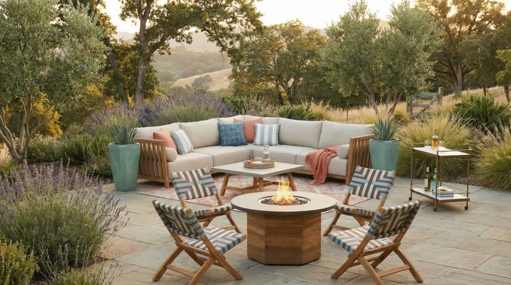 Outdoor patio living room with sectional sofa, coral rug, fire table seating, and desert inspired landscaping