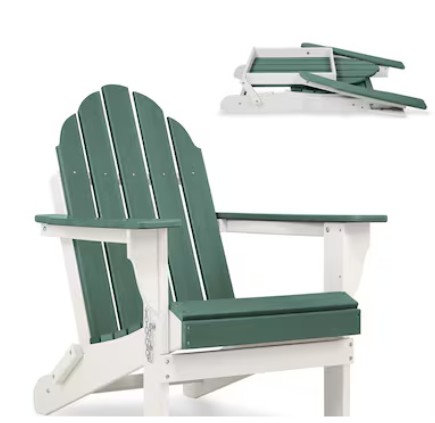 Green Adirondack patio chairs with white frame arranged around fire pit