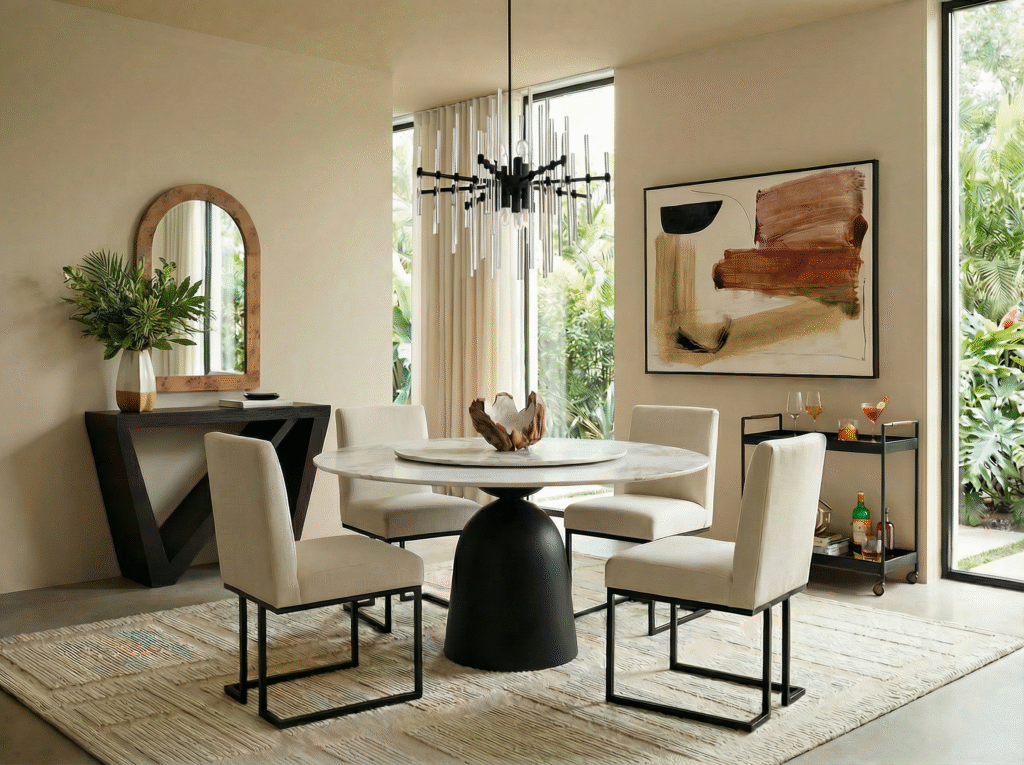 Modern round dining table with black pedestal base surrounded by cream boucle chairs on neutral wool rug with black crystal chandelier overhead.
