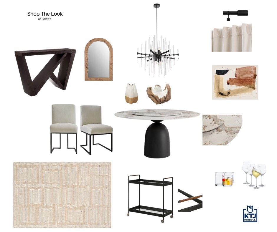 Modern black and cream dining room mood board featuring round white sintered stone table, boucle chairs, black chandelier, neutral rug and layered accessories.