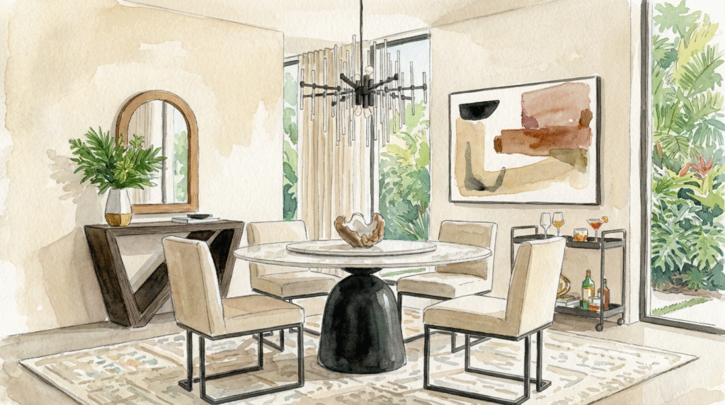 Watercolor rendering of modern neutral dining room with black pedestal table and soft boucle chairs.
