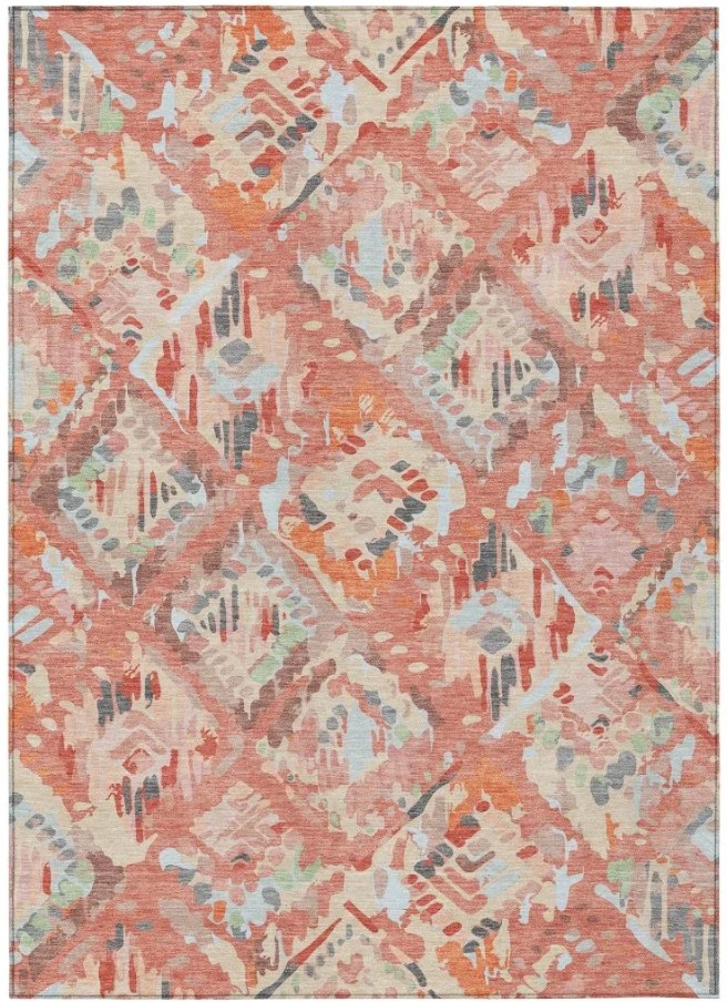 Coral patterned indoor outdoor rug with geometric diamond design