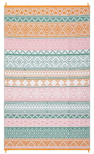 Colorful pink teal and orange geometric outdoor patio rug