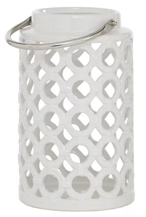 White ceramic outdoor lantern candle holder with metal handle