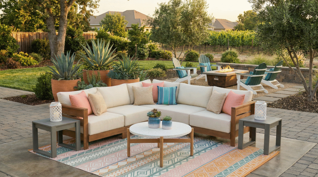 watercolor outdoor patio design with sectional sofa fire pit colorful outdoor rug and adirondack chairs in backyard garden setting