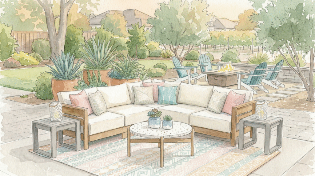 Watercolor illustration of pastel outdoor patio with sectional seating and fire pit