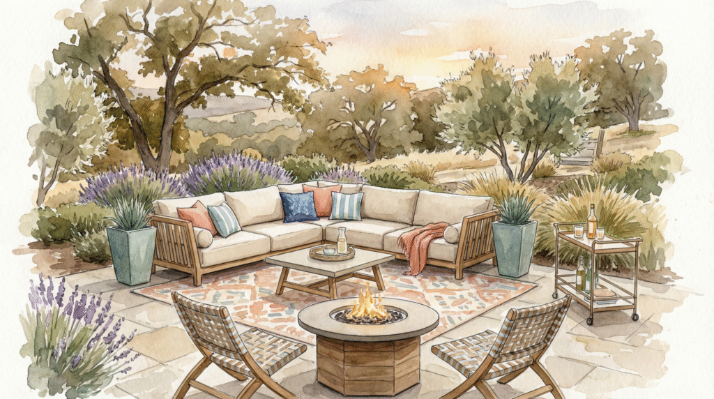 Outdoor patio living room with sectional sofa, coral rug, fire table seating, and desert inspired landscaping