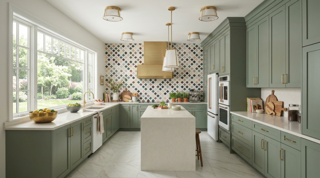 Sage green kitchen with brass hardware and marble backsplash