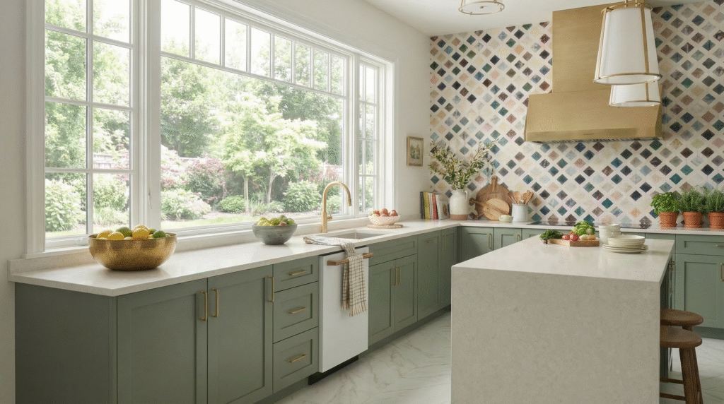 Bright kitchen with large window, sage cabinets, and quartz island
