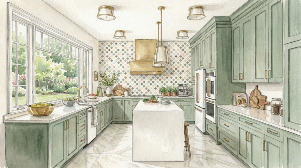 Marble mosaic backsplash with green cabinetry and gold range hood