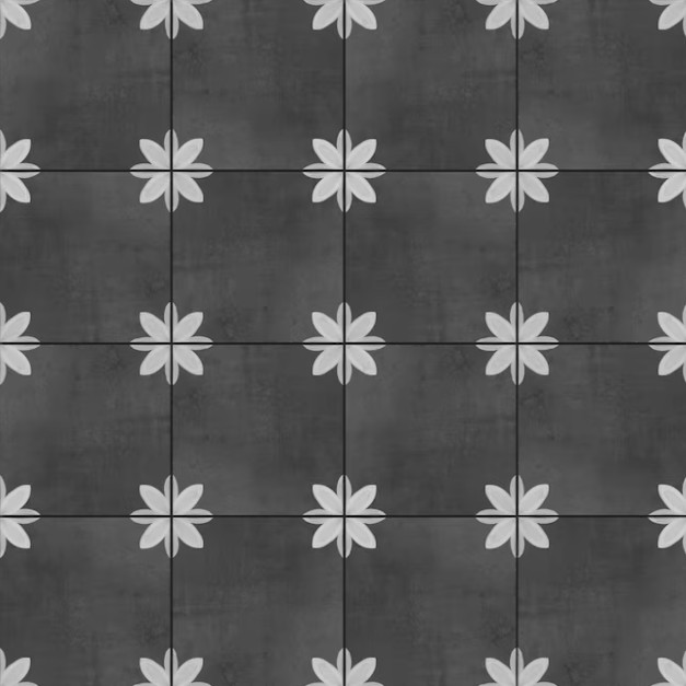 Black patterned tile with white floral detail for the Heartline Kitchen Collection floor design