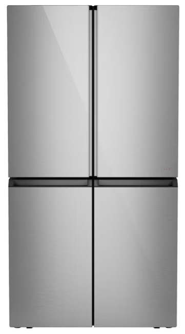 Café platinum glass counter-depth French door refrigerator in a modern kitchen design
