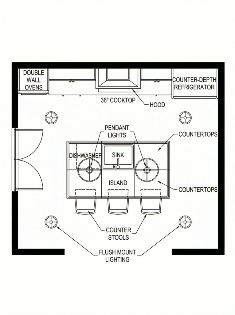 Functional kitchen layout with island seating, induction cooktop, double wall ovens, and layered lighting.