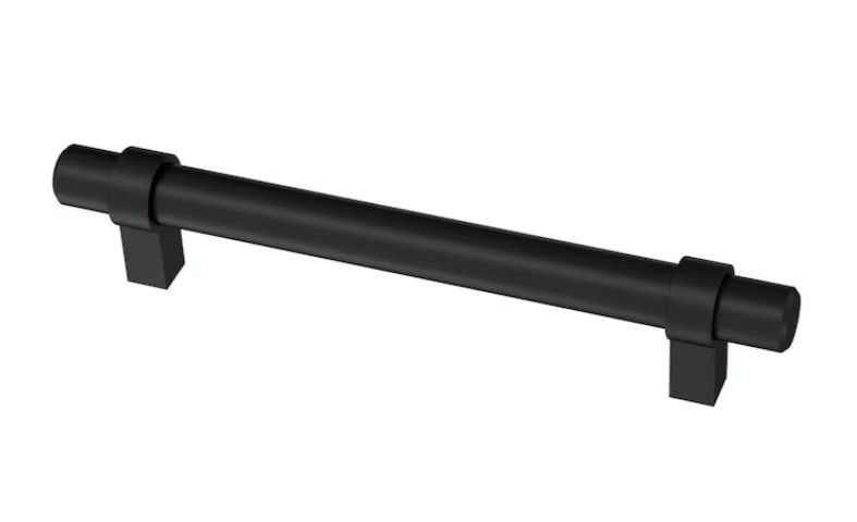 Matte black cabinet pull hardware for warm wood kitchen cabinetry