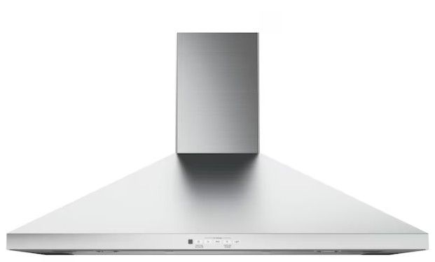 Stainless steel wall-mounted range hood for a modern kitchen with black accents