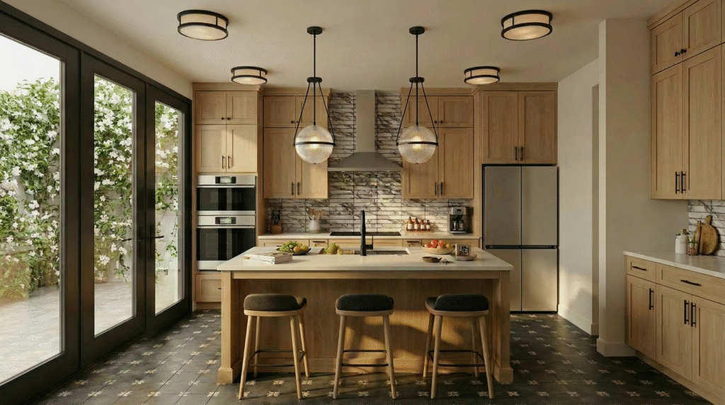 Warm modern kitchen with natural wood shaker cabinets, black pendant lighting, patterned tile floors, and white quartz countertops.